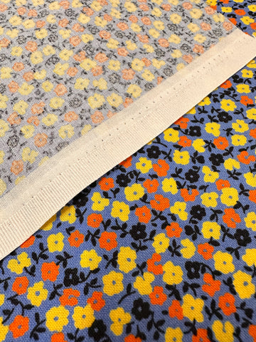 Modern Fabric Everything But The Kitchen Sink 2016 Aunt Helen’s Dress small Yellow Black Orange Flowers on Blue RJR Studio Quilt Cotton 112cm Wide