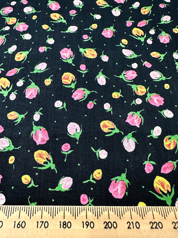 Vintage Fabric 1980s? Black Base w/ Small Bright Flowers Cotton 88cm Wide