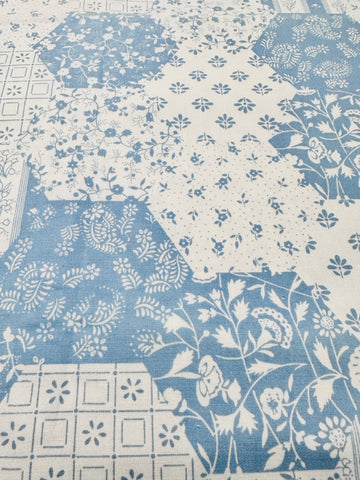 FAT QUARTER Vintage Fabric 1980s Faux Hexie Quilt Blues & White Laura Ashley Style 44cm x 50cm