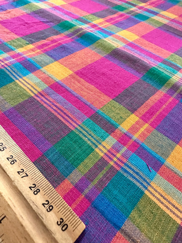 Vintage Fabric 70s 80s Bright Woven Plaid Madras? Cotton 86cm Wide