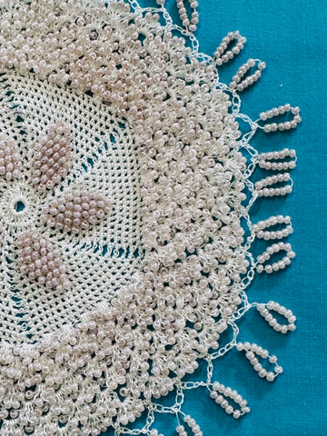 Vintage Crochet Milk Jug Cover w/ Glass? Beads Doily 16cm Diameter