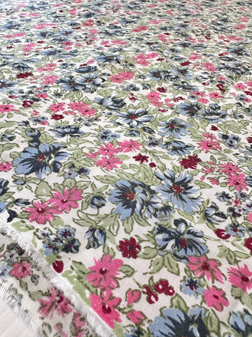 CLEARANCE Vintage Modern Fabric Rayon Cotton Blend w/ Floral Print on White 136cm Wide