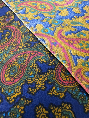Vintage Fabric 60s 70s High End Polished Cotton Cobalt Blue Base w/ Paisley 88cm Wide