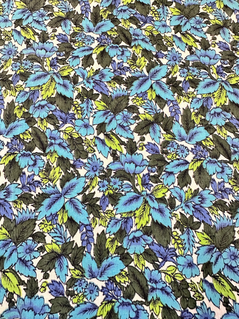 Vintage Fabric 1970s Bright Blue Green Leaves on White Cotton 80cm Wide