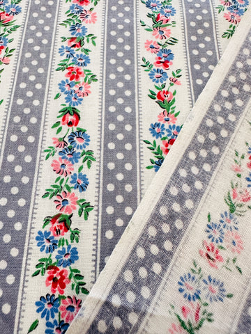 Vintage Fabric 1940s 50s Absolutely Delightful Small Flowers w/ White Dots on Grey Cotton 88cm Wide