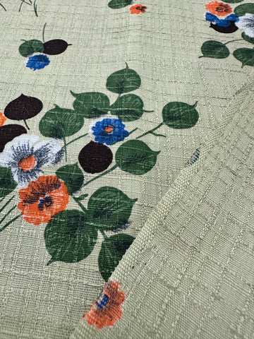 Vintage Fabric 1960s Floral Sprays on Olive Green Textured Cotton 88cm Wide