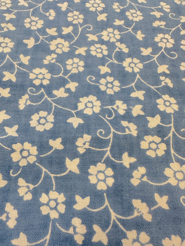 Vintage Fabric 1980s Laura Ashley Style Dusky Blue Base w/ White Floral 118cm Wide