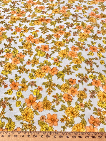 Vintage Fabric 60s 70s Basket Weave Cotton Bright Floral on White 88cm Wide