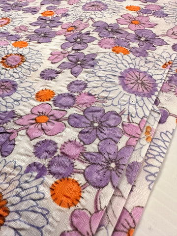 Vintage Fabric 1960s 70s Pure Retro Purple Daisies Cotton Plisse 88cm Wide