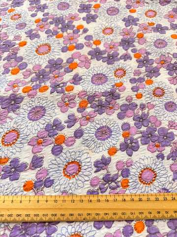 Vintage Fabric 1960s 70s Pure Retro Purple Daisies Cotton Plisse 88cm Wide