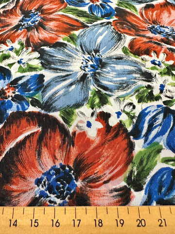 Vintage Fabric Rare MCM 1950s Bright Painterly Floral on White Dress Rayon 88cm Wide