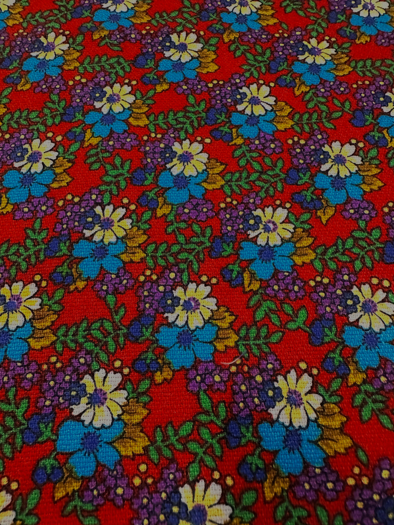 Vintage Fabric 1970s Bright Flowers on Dark Red Cotton 88cm Wide