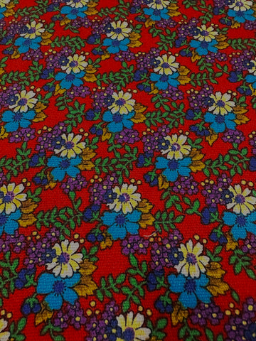 Vintage Fabric 1970s Bright Flowers on Dark Red Cotton 88cm Wide