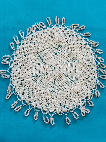 Vintage Crochet Milk Jug Cover w/ Glass? Beads Doily 16cm Diameter