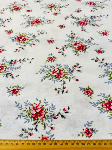 Vintage Fabric Embossed Cotton White Base w/ Pink Flowers 88cm Wide