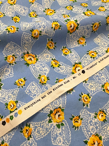 Modern Fabric Everything But The Kitchen Sink 2016 Pinafore Yellow Roses w/ Bows on Blue RJR Studio Quilt Cotton 112cm Wide