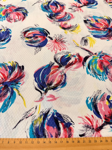 Vintage Fabric 1950s Magical Painterly Flowers on White Textured Cotton Rayon 88cm Wide