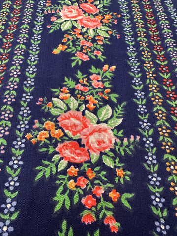 Vintage Fabric 1970s Navy Blue Cotton w/ Repeating Pink Flowers 88cm Wide