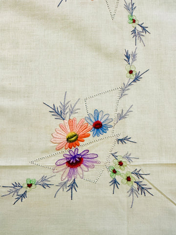 Vintage Tablecloth Centrepiece Embroidered Bright Flowers on Pale Lemon 70s? 46cm x 44cm