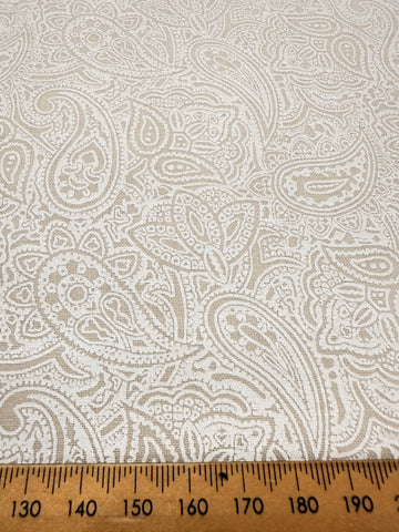 Modern Fabric Quilt Cotton Intricate White Paisley on Taupe 112cm Wide