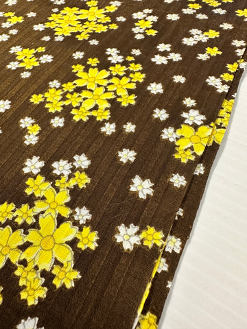 Vintage Fabric 1960s Yellow Daisies on Chocolate Brown Textured Cotton 88cm Wide