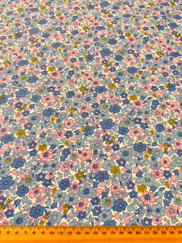 LAST PIECE Vintage Fabric 1960s Bright Retro Floral Pink Blues Cotton 86cm x 50cm