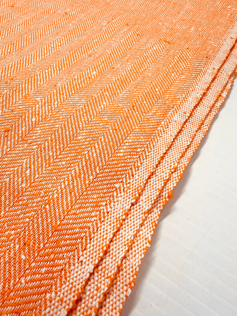 Vintage Fabric 1960s? Bright Peach White Herringbone Weave 88cm Wide