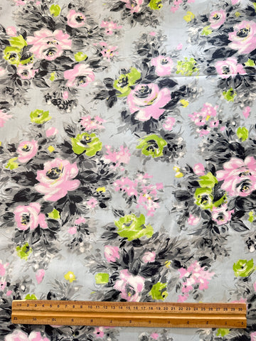 Vintage Fabric 1950s Rare Chintz Dress Cotton Lime Green & Pink Roses on Grey Cotton Evening Wear 88cm Wide