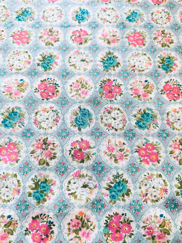 LAST 1/2m: Modern? Vintage? Fabric Darling Posies in Cameos on Pale Blue 112cm x 50cm
