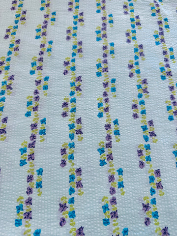 Vintage Fabric 1960s Small Retro Flowers on Pale Blue Cotton Plisse 88cm Wide