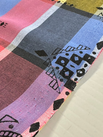 REMNANT Vintage Fabric 70s? 80s? Modern? Bright Woven Plaid w/ Graphic Overprint Shirting 54cm x 31cm