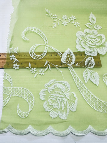Vintage Fabric 1960s Rare Border Print Flocked Flowers Scalloped Edge Green Nylon 106cm Wide