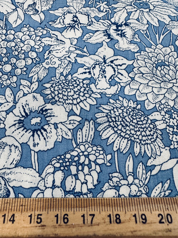 LAST 1/2m: Modern Fabric White Floral on Dusky Blue Cotton Poplin 112cm x 50cm