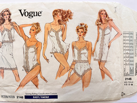 SLIP, CAMISOLE, HALF-SLIP, PANTIES & TEDDY: Vogue Sewing Pattern Lingerie XS-S-M 1988 Complete FF *2146