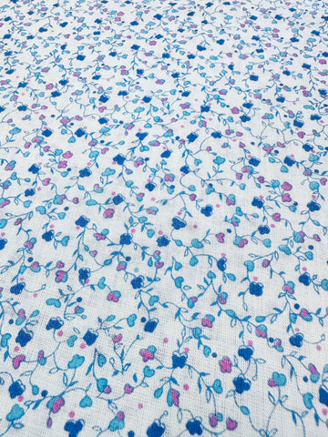Vintage Fabric 60s 70s Tiny Blue Pink Minimalist Flowers on Pale Blue Cotton 88cm Wide
