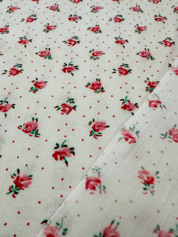 Vintage Fabric 1980s Delightful Tiny Pink Rose on White & Tiny Spot 88cm Wide
