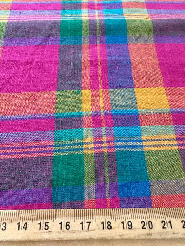 Vintage Fabric 70s 80s Bright Woven Plaid Madras? Cotton 86cm Wide