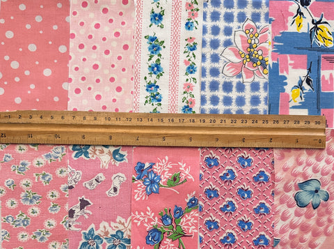 6cm x 12cm Fabric Pack - 10 Pieces - Mid-Century Cottons  - Pinks & Blues
