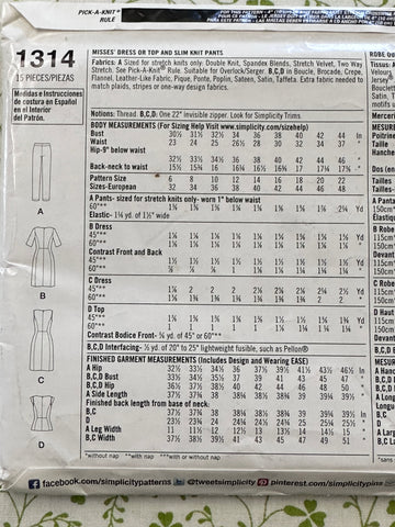DRESS OR TOP & SLIM KNIT PANTS: Simplicity Sewing Pattern Cynthia Rowley 2014 Sizes 14-22 Complete FF *1314
