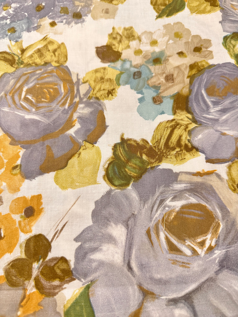 LAST PIECE Vintage Fabric 1960s Painterly Grey Roses Leaves Cotton 88cm x 50cm