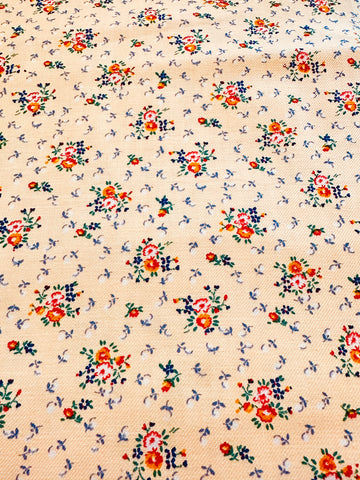 Vintage Fabric 1950s Bright Small Floral on Pale Apricot Brushed Cotton Twill Quality 76cm Wide