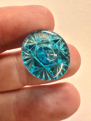 Vintage Button 1950s? Cut Glass in Teal Blue w/ Shank 18mm