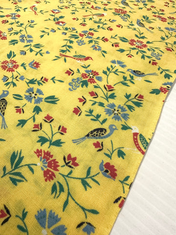 Vintage Fabric 1980s Sun Yellow Cotton w/ Small Birds Botanical 88cm Wide