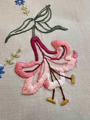 Vintage Hand? Machine? Worked Embroidered Centrepiece Doily Two Flowers w/ Daisy Ring & Crocheted Edge 44cm x 32cm