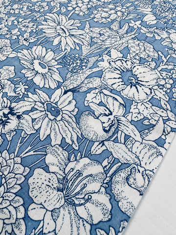LAST 1/2m: Modern Fabric White Floral on Dusky Blue Cotton Poplin 112cm x 50cm