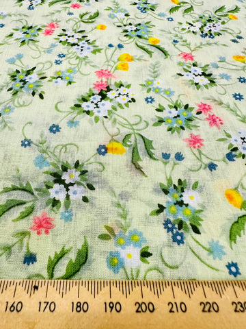 REMNANT: Vintage Fabric 1980s? Pale Grass Green Cotton Blend Voile w/ Sweet Flowers 50cm x 30cm