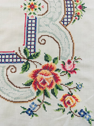 Vintage Hand Worked? Centrepiece Embroidered Cross Stitch Flowers Fancy Blue Border Large 65cm x 61cm