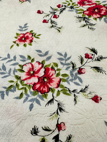Vintage Fabric Embossed Cotton White Base w/ Pink Flowers 88cm Wide