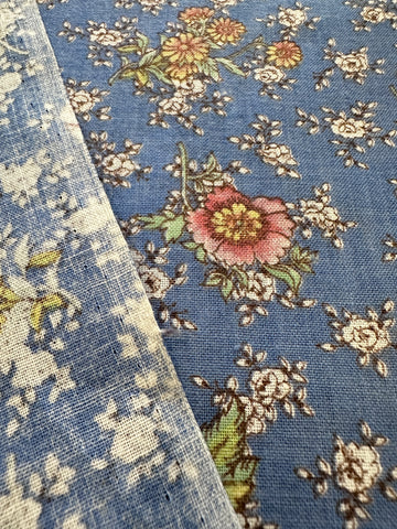 LAST PIECE Vintage Fabric 1970s Cottagecore Floral on Blue 88cm x 50cm