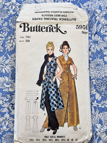 EVENING DRESS: Butterick Sewing Pattern 1970s Half Size 16 1/2 Complete Cut *5951